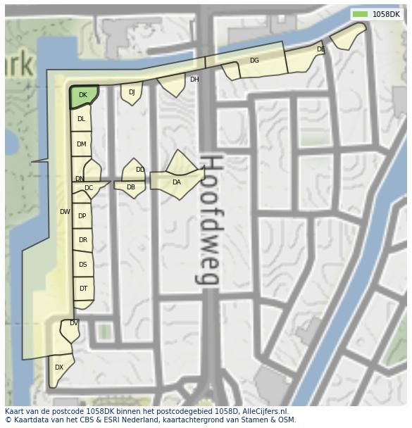 Afbeelding van het postcodegebied 1058 DK op de kaart.