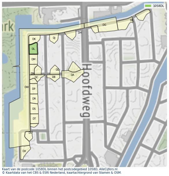 Afbeelding van het postcodegebied 1058 DL op de kaart.