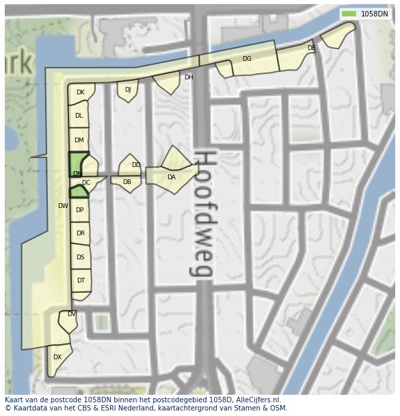 Afbeelding van het postcodegebied 1058 DN op de kaart.