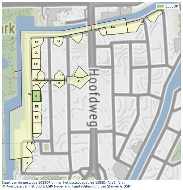 Afbeelding van het postcodegebied 1058 DP op de kaart.