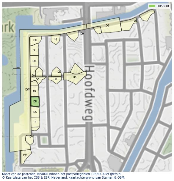Afbeelding van het postcodegebied 1058 DR op de kaart.