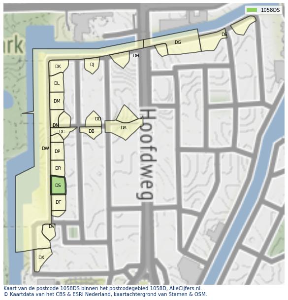 Afbeelding van het postcodegebied 1058 DS op de kaart.