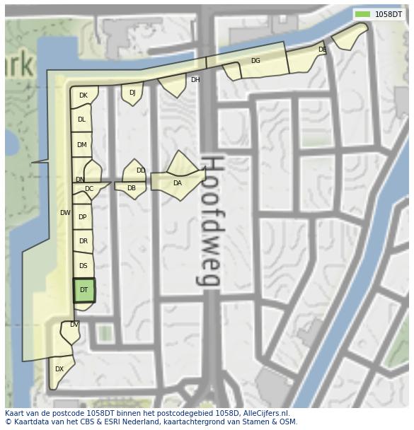 Afbeelding van het postcodegebied 1058 DT op de kaart.