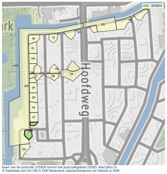 Afbeelding van het postcodegebied 1058 DV op de kaart.