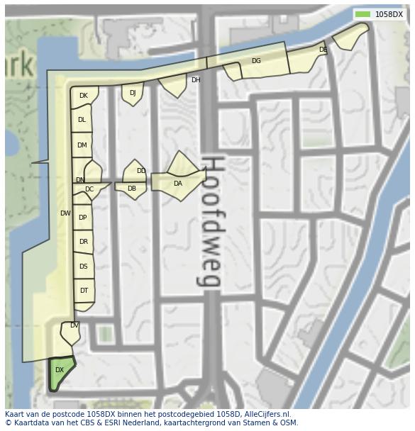 Afbeelding van het postcodegebied 1058 DX op de kaart.