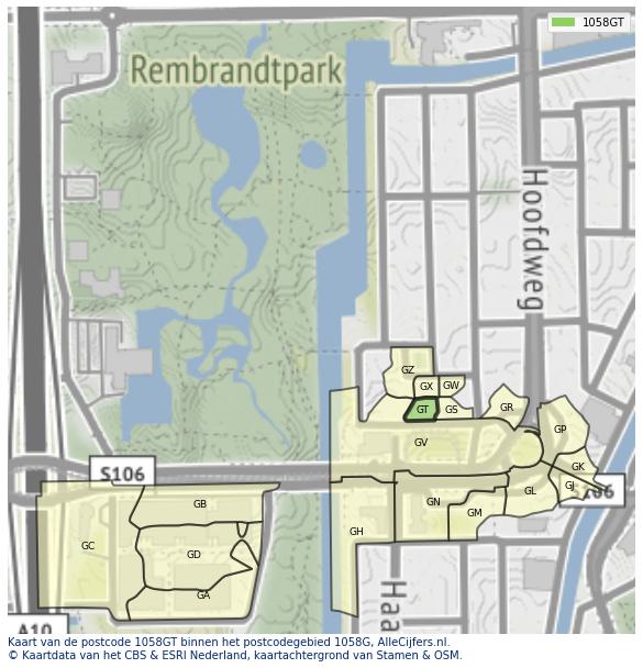 Afbeelding van het postcodegebied 1058 GT op de kaart.