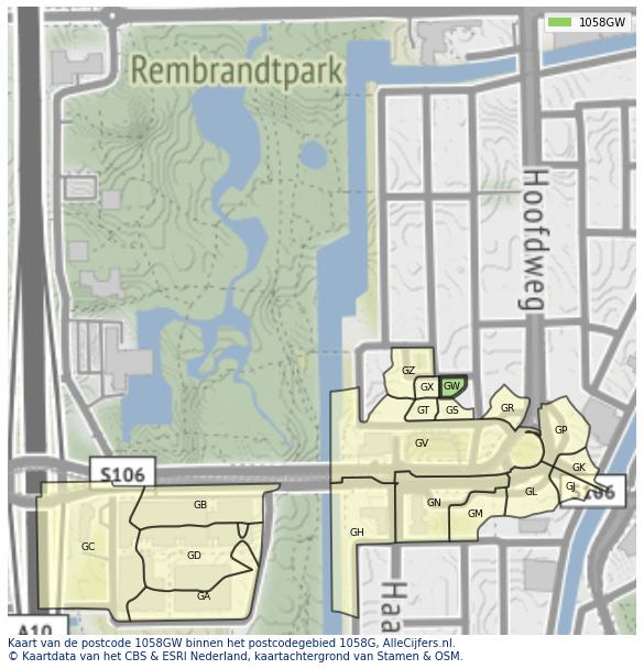 Afbeelding van het postcodegebied 1058 GW op de kaart.