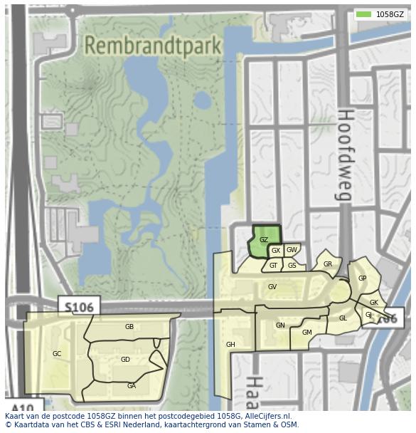 Afbeelding van het postcodegebied 1058 GZ op de kaart.