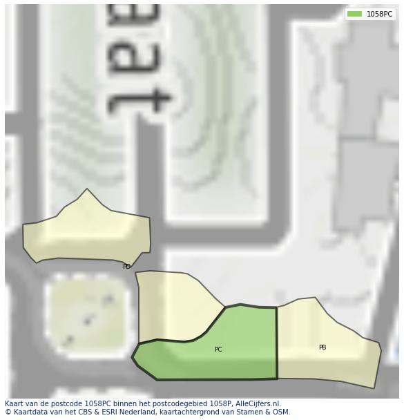 Afbeelding van het postcodegebied 1058 PC op de kaart.