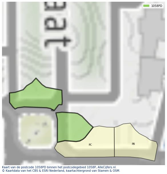 Afbeelding van het postcodegebied 1058 PD op de kaart.