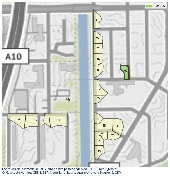 Afbeelding van het postcodegebied 1059 TA op de kaart.