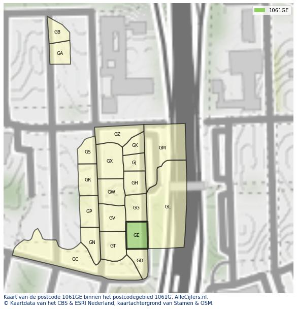 Afbeelding van het postcodegebied 1061 GE op de kaart.