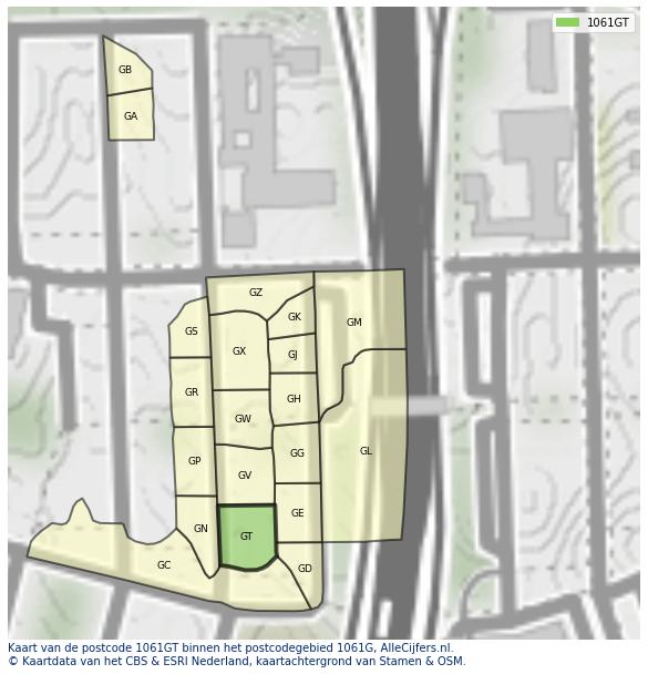 Afbeelding van het postcodegebied 1061 GT op de kaart.