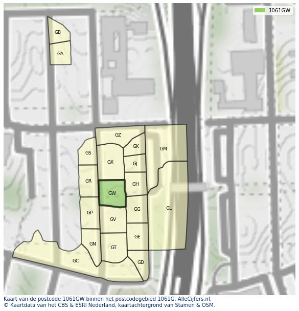 Afbeelding van het postcodegebied 1061 GW op de kaart.