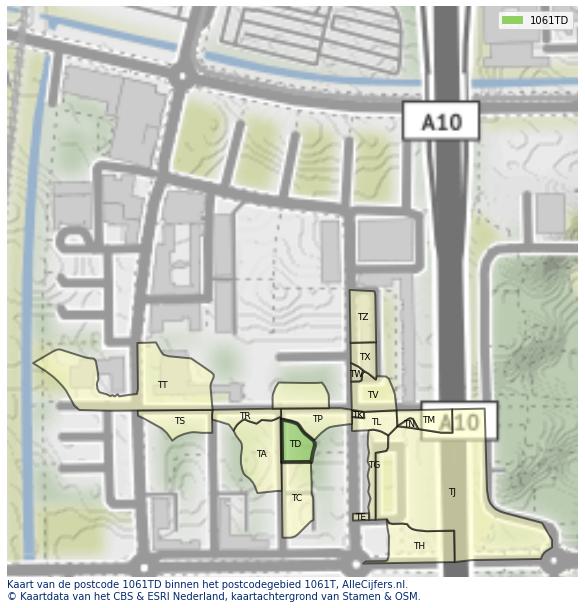 Afbeelding van het postcodegebied 1061 TD op de kaart.