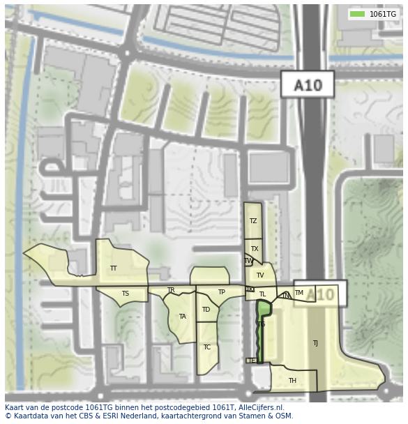 Afbeelding van het postcodegebied 1061 TG op de kaart.