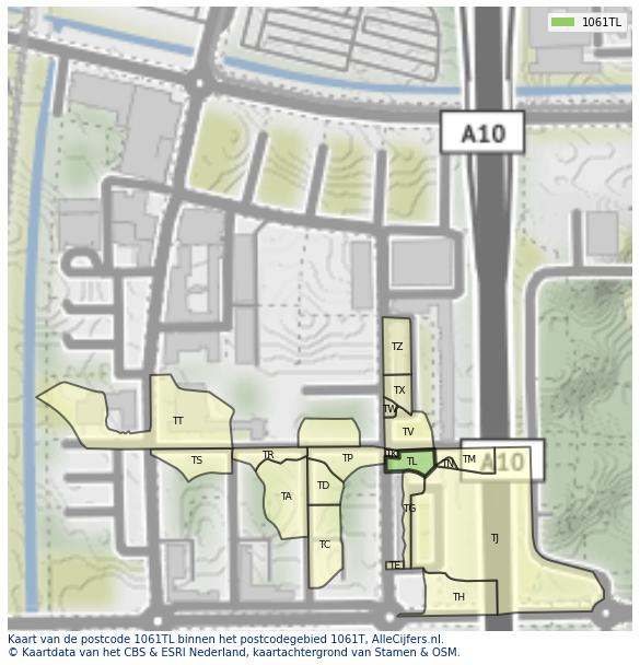 Afbeelding van het postcodegebied 1061 TL op de kaart.