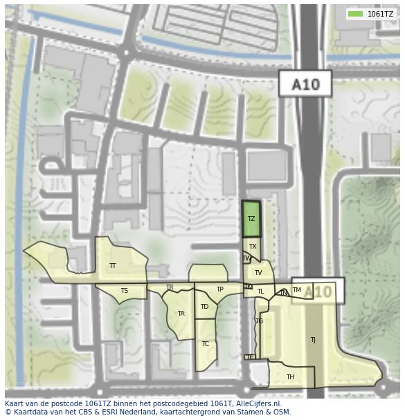 Afbeelding van het postcodegebied 1061 TZ op de kaart.