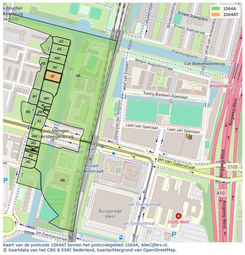 Afbeelding van het postcodegebied 1064 AT op de kaart.