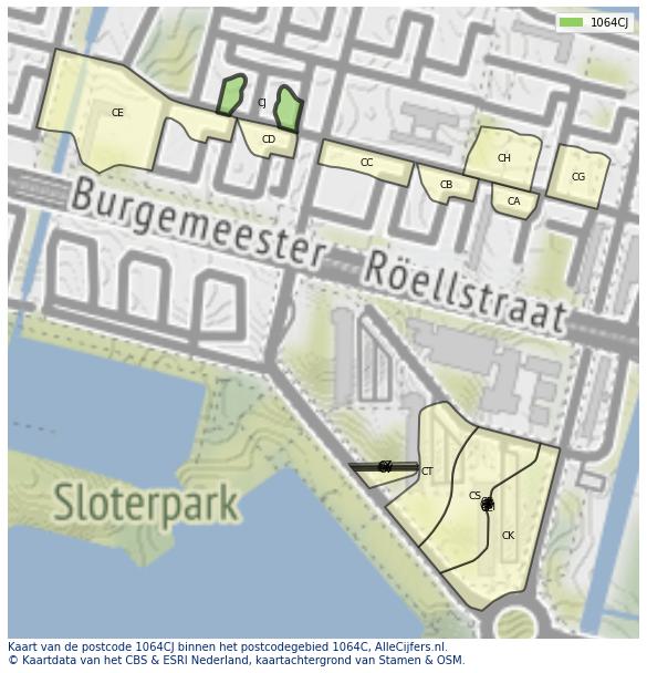 Afbeelding van het postcodegebied 1064 CJ op de kaart.