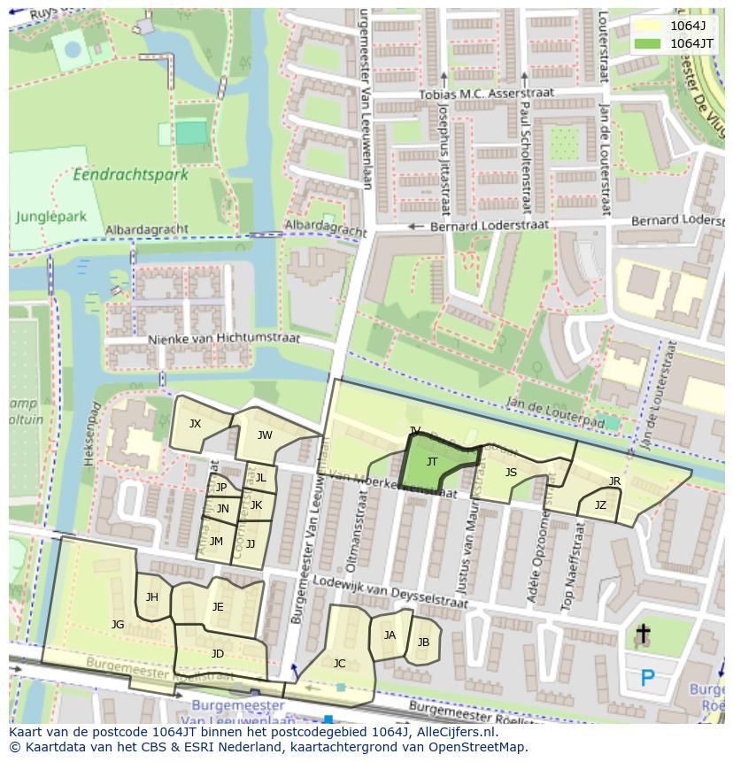 Afbeelding van het postcodegebied 1064 JT op de kaart.