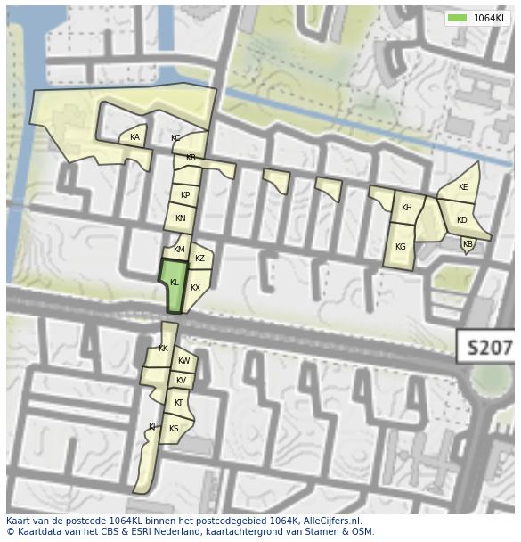 Afbeelding van het postcodegebied 1064 KL op de kaart.