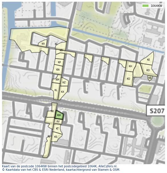 Afbeelding van het postcodegebied 1064 KW op de kaart.