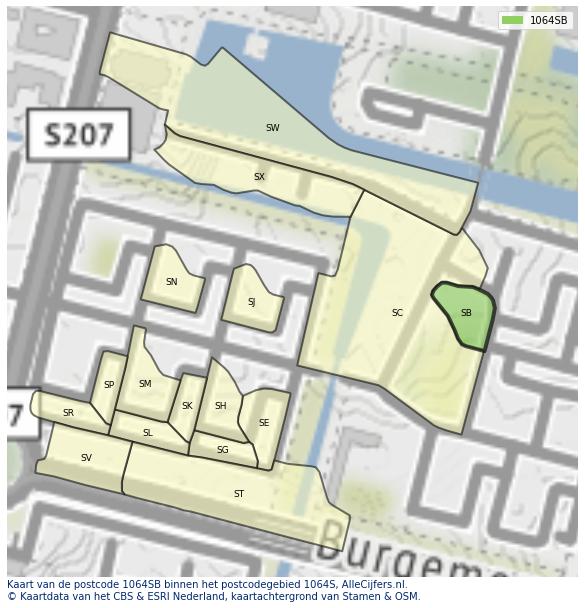 Afbeelding van het postcodegebied 1064 SB op de kaart.