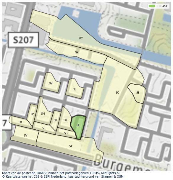 Afbeelding van het postcodegebied 1064 SE op de kaart.