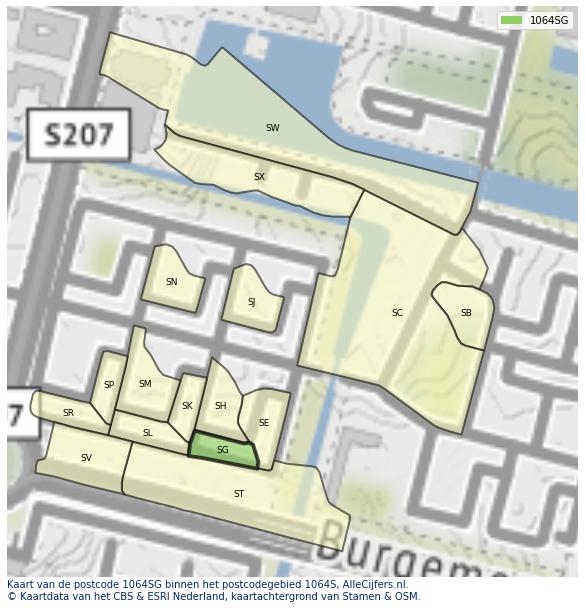 Afbeelding van het postcodegebied 1064 SG op de kaart.