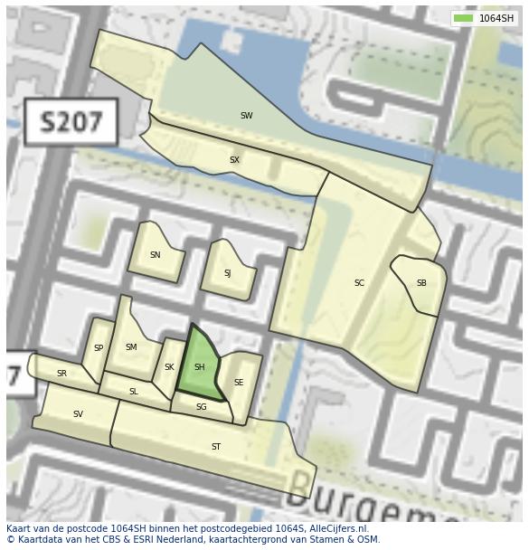 Afbeelding van het postcodegebied 1064 SH op de kaart.
