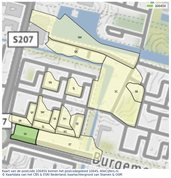 Afbeelding van het postcodegebied 1064 SV op de kaart.
