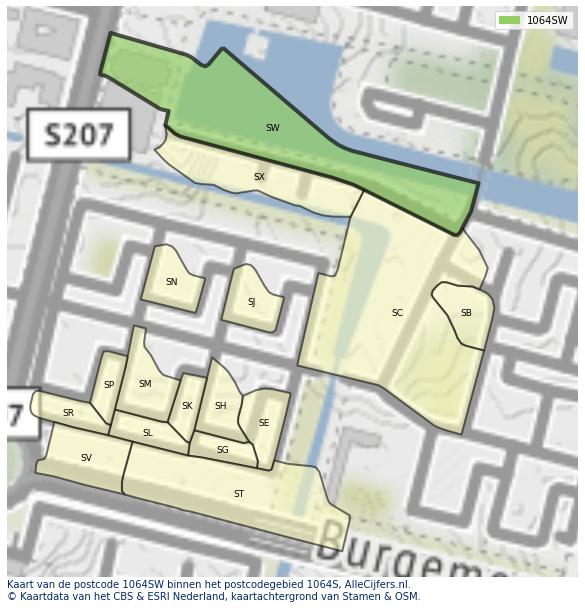 Afbeelding van het postcodegebied 1064 SW op de kaart.