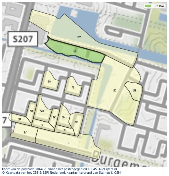Afbeelding van het postcodegebied 1064 SX op de kaart.