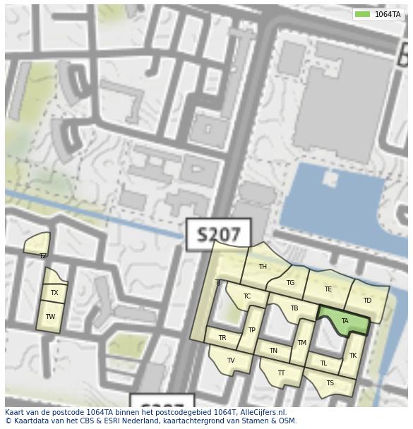 Afbeelding van het postcodegebied 1064 TA op de kaart.