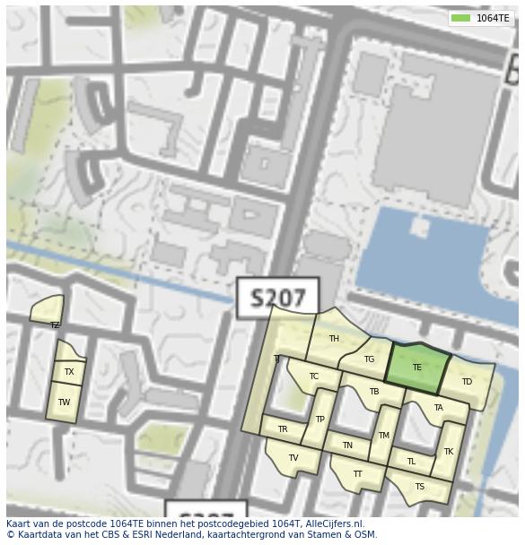 Afbeelding van het postcodegebied 1064 TE op de kaart.