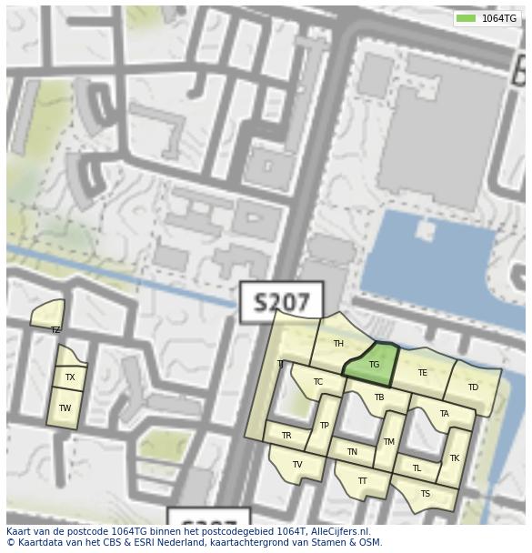 Afbeelding van het postcodegebied 1064 TG op de kaart.