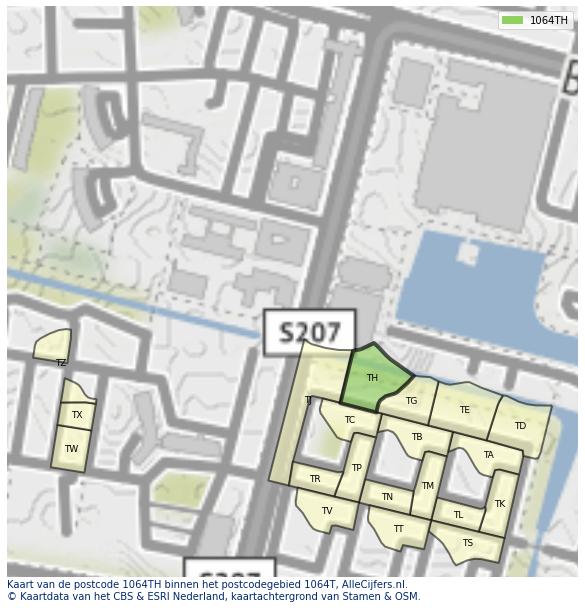 Afbeelding van het postcodegebied 1064 TH op de kaart.
