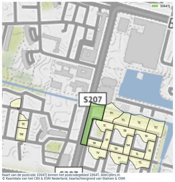 Afbeelding van het postcodegebied 1064 TJ op de kaart.