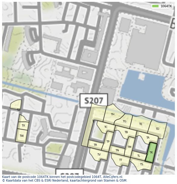 Afbeelding van het postcodegebied 1064 TK op de kaart.