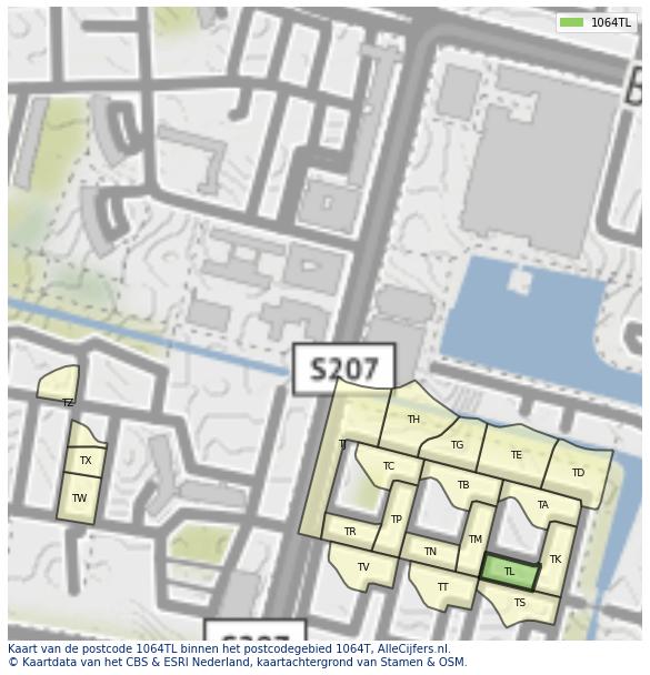 Afbeelding van het postcodegebied 1064 TL op de kaart.