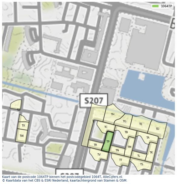 Afbeelding van het postcodegebied 1064 TP op de kaart.