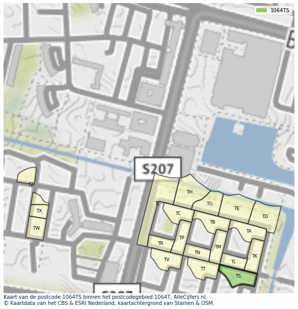 Afbeelding van het postcodegebied 1064 TS op de kaart.