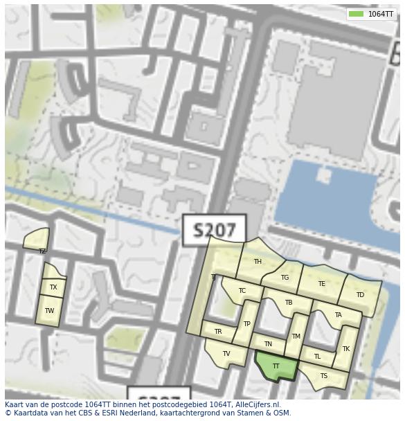 Afbeelding van het postcodegebied 1064 TT op de kaart.