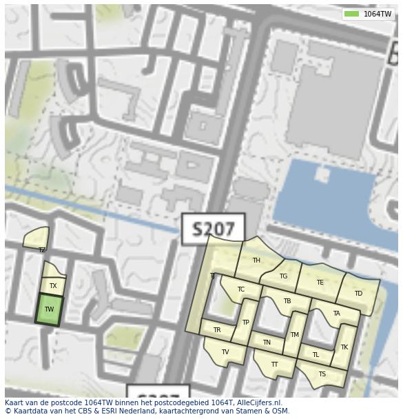 Afbeelding van het postcodegebied 1064 TW op de kaart.