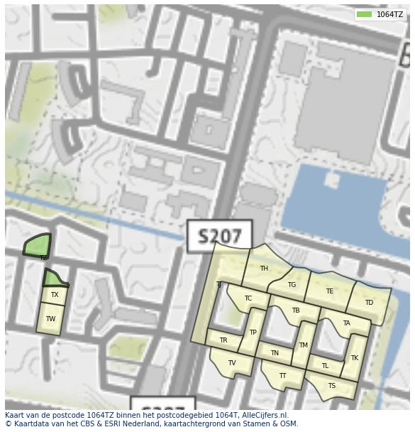 Afbeelding van het postcodegebied 1064 TZ op de kaart.