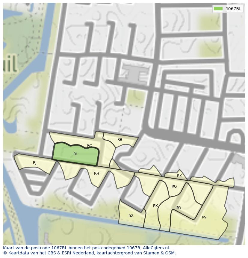 Afbeelding van het postcodegebied 1067 RL op de kaart.