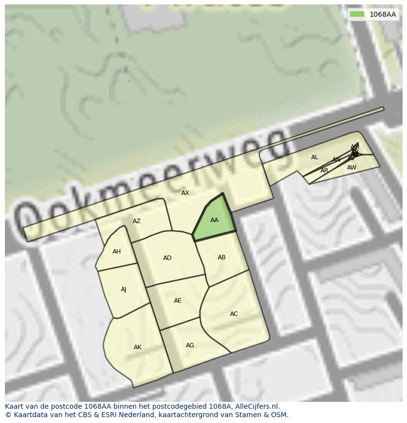 Afbeelding van het postcodegebied 1068 AA op de kaart.