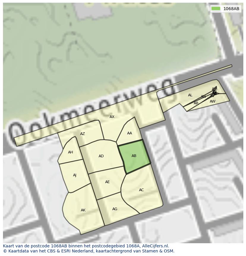 Afbeelding van het postcodegebied 1068 AB op de kaart.
