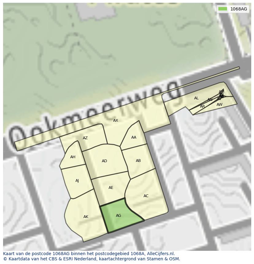 Afbeelding van het postcodegebied 1068 AG op de kaart.